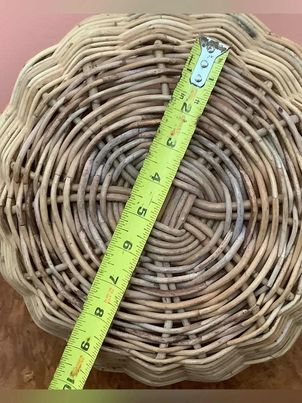 Vintage Handmade Wicker Basket, Wrought Iron Handle, Glass Rings & Oak Leaves